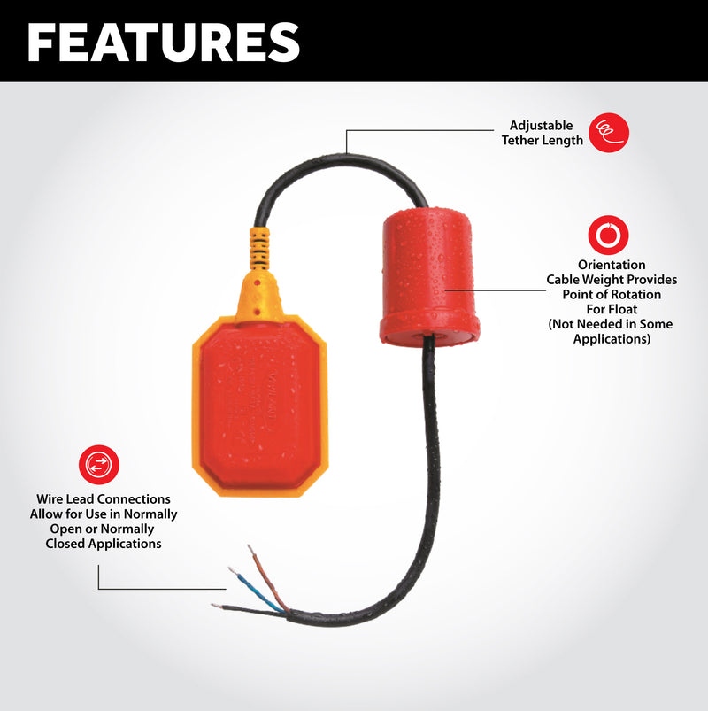 2359 Wire Lead Float Switches for Sump Pumps, Septic Tanks, Water Tanks - Level Sense (by Sump Alarm Inc.)