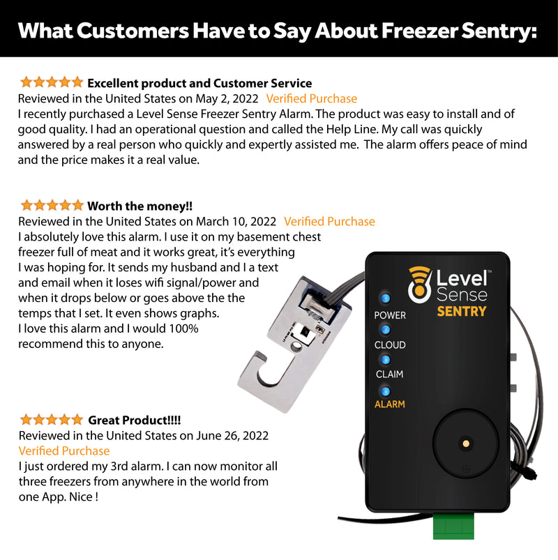 WiFi Freezer & Fridge Alarm – Wireless thermometer with sensor, audible siren, and app alerts for Android & iOS.