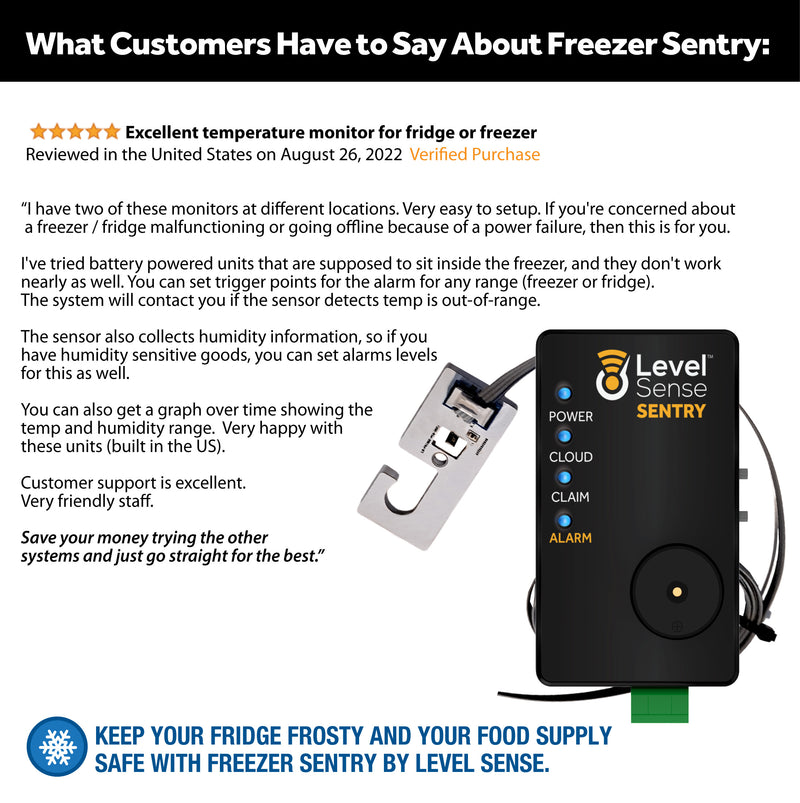 WiFi Freezer & Fridge Alarm – Wireless thermometer with sensor, audible siren, and app alerts for Android & iOS.