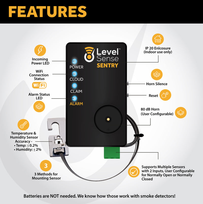 Wifi Freezer Alarm and Refrigerator Temperature Monitor – Wireless Freezer Thermometer with Sensor, Audible Siren and App Supported Notifications for Android and iOS Devices - Level Sense (by Sump Alarm Inc.)