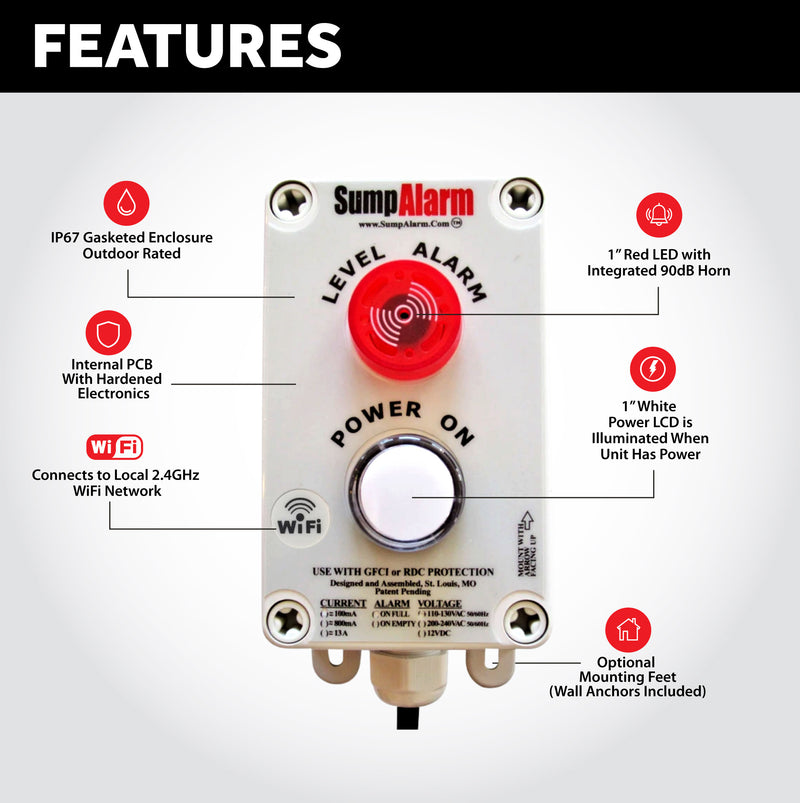 Sump Alarm "2L" WiFi Enabled In/Outdoor High Water Alarm With Sludge Boss Float Switch - Level Sense (by Sump Alarm Inc.)