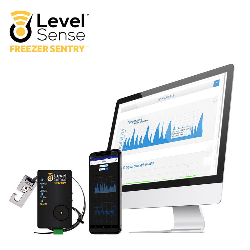 Wifi Freezer Alarm and Refrigerator Temperature Monitor – Wireless Freezer Thermometer with Sensor, Audible Siren and App Supported Notifications for Android and iOS Devices - Level Sense (by Sump Alarm Inc.)